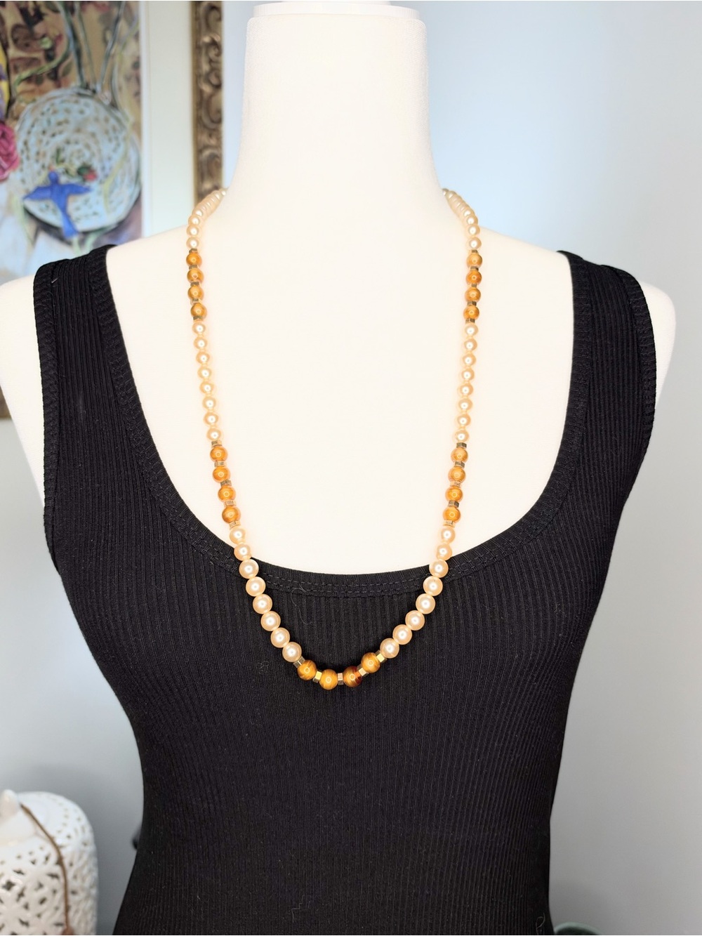 Faux Pearl Glass Bead Necklace 29” Cream Amber Gold Tone Long Vintage Style
